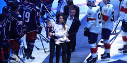 Meredith Gaudreau walks onto the ice during a remembrance for her husband, Columbus Blue Jackets player Johnny Gaudreau before the home opener against the Florida Panthers at Nationwide Arena on October 15, 2024 in Columbus, Ohio. 